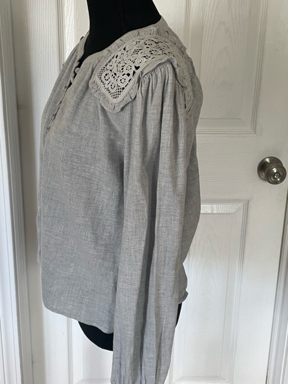 LOFT Light Grayish green Button Placket Top with Crochet Shoulder Panels - Picture 4 of 6